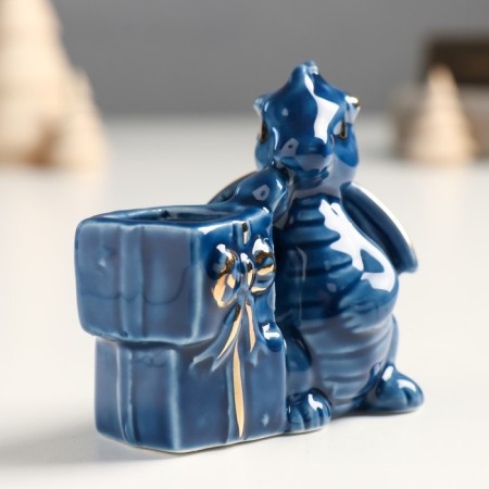 Souvenir Ceramics stand for d/toothpicks "Dracos with gifts" blue-gold 4x6.5x7 cm-2