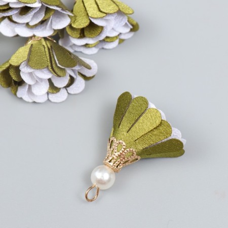 Decor Textile "Flower 2 colors with pearls. Olive and white" set 6 pcs 3 cm-1