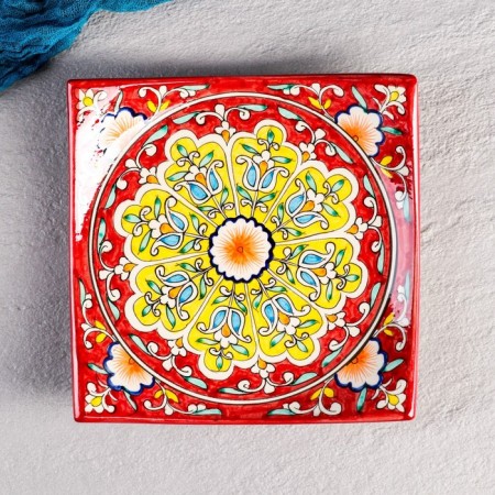 Plant of Rishtan ceramics "Patterns", red, 20 cm, square-1