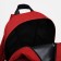 A backpack with a zipper, rise, external pocket, red color