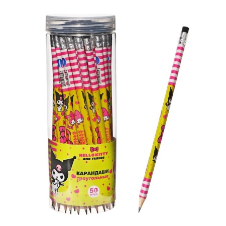 Chernographic pencil HB, Kuromi+Me Melody, three -sided, with an eraser