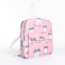 A backpack with a zipper, external pocket, pink color