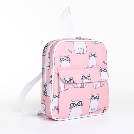 A backpack with a zipper, external pocket, pink color