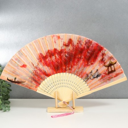 Fan bamboo, textile h = 23 cm "evening on the river" red, with a brush
