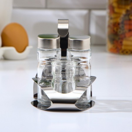 Glass set for spices on a stand, 4 items: a solo, a lists, a napkin, a capacity for toothpicks-3
