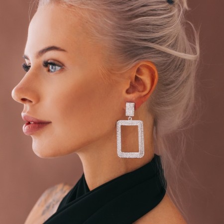 Hanging earrings with rhinestones "masterpiece", white color in silver, 6.7 cm-3