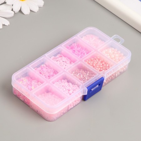 Glass beads 8/0, 12/0 in the box "pink" beads, glass and sequins 13x6.5x2.3 cm-2