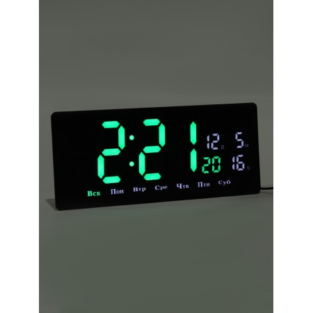 Electronic wall clock, thermometer calendar, 36.2 x 15.5 cm, green numbers 10 x 4.5 cm 1076627