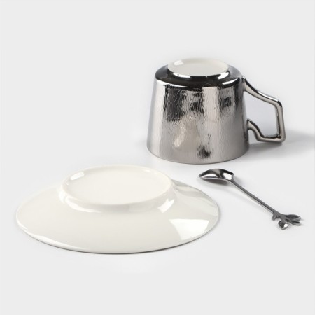 Coffee pair of ceramic “silver”, 3 objects: a cup 200 ml, a saucer d = 14 cm, spoon h = 12.5 cm, silver color-4