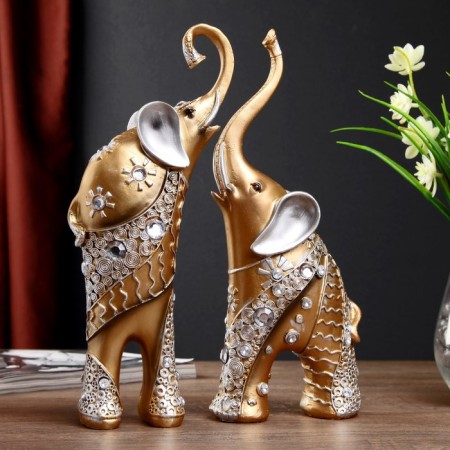 Polystone souvenir "Golden elephants with white rhinestones" set 28.5x21x8.3 cm