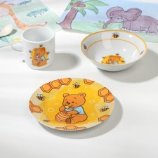 A set of children's utensils from ceramics of the Bear and Modes of the Bear and Honey, 3 objects: 230 ml mug, a bowl of 400 ml, plate d = 18 cm, white color