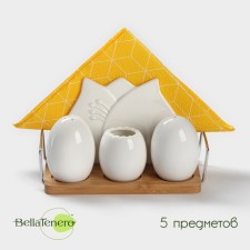 Ceramic set for spices on a wooden stand Bellatenero, 5 items: a solip 70 ml, a pipe 70 ml, napkin, a capacity for toothpicks, stand, white color
