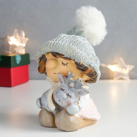 Souvenir Polystone "Boy in a gray hat with a sleeping deer" 8.5x8.5x12.5 cm-3