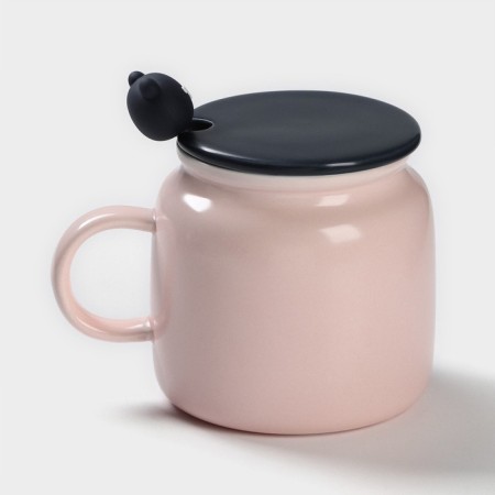 Ceramic mug with a spoon "Good morning", 450 ml, pink color-4