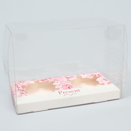 Capcake box, confectionery packaging, 2 cells "Pink flowers", 16 x 8 x 11.5 cm-2