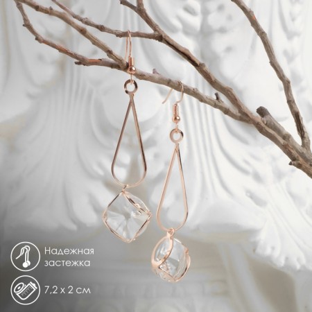Hanging earrings with rhinestones "drop with a rhombus", white color in pink gold, 7.2 cm