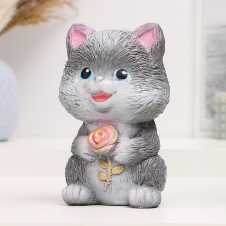 Piggy bank "Cat with flower" gray, 18 cm-1