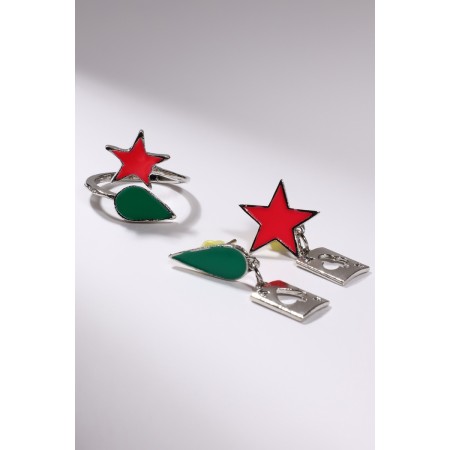 Set: earrings, anime ring star and drop, green-pink color in silver-1