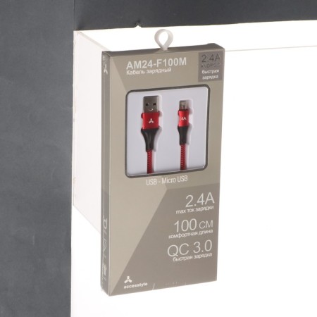 Cable Accesstyle AM24-F100M, microUSB-usb, 2.4a, fabric, fast charging, 1m, black and red-1