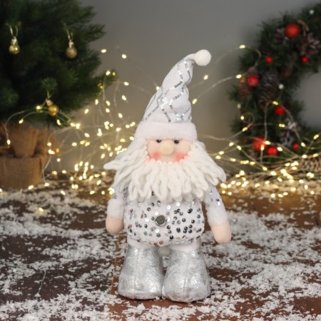 Soft toy "Santa Claus in a shiny cap" 36x19 cm, silver-white