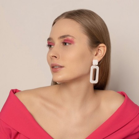 Earrings plastic "Vivien" rectangle, white color-1