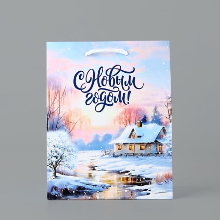 Package Gift New Year Laminated "Winter Village", MS 18 x 23 x 8 cm, New Year-1