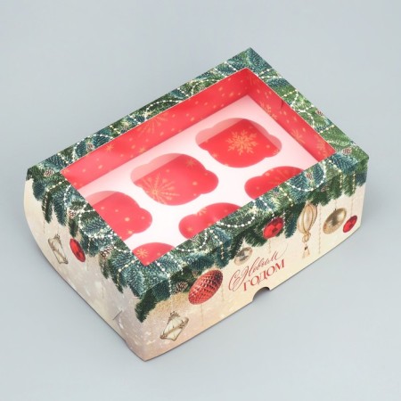 Box for cupcakes is folding with bilateral application "Happy New Year", 25 x 17 x 10 cm, new year-1