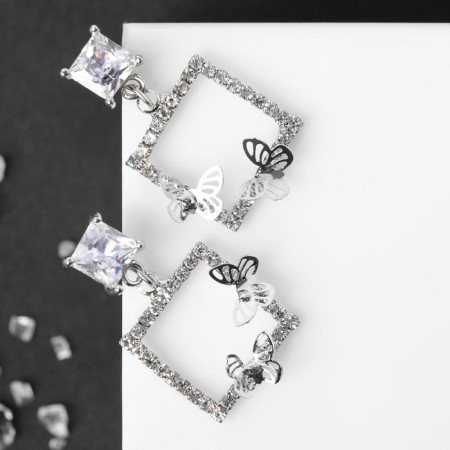 Earrings with rhinestones "flutter" butterflies in a square, white color in silver-1