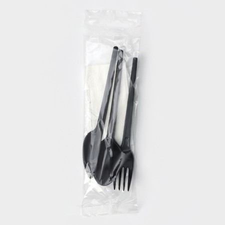 A set of plastic disposable cutlery, 4 objects: fork, tablespoon, knife, white napkin, 16.5 cm, black color-6