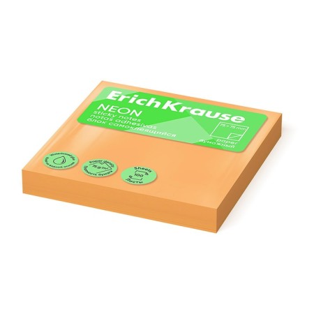 Block with a sticky edge paper 75x75 mm, Erichkrause "Neon", 100 sheets, orange