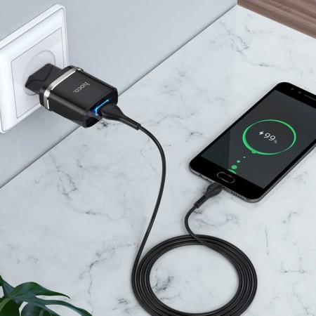 Network charger Hoco N1, 1 USB, 2.4 A, Micro USB -USB, 1 m, black cable-3