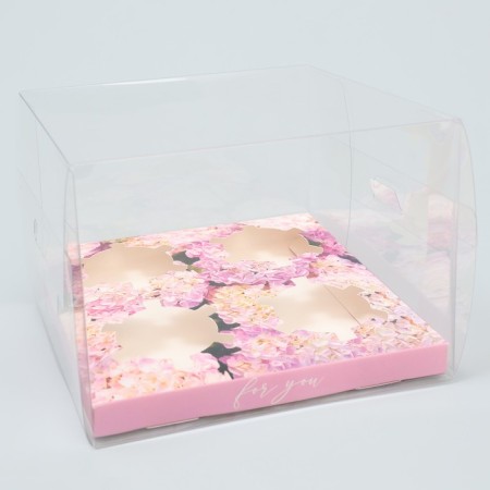 Capcake box, confectionery packaging, 4 cells, "hydrangeas", gold, 16 x 16 x 11.5 cm-2