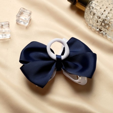 Hair elastic band "Schoolgirl" bow peas silver, 8 cm, white-blue-1