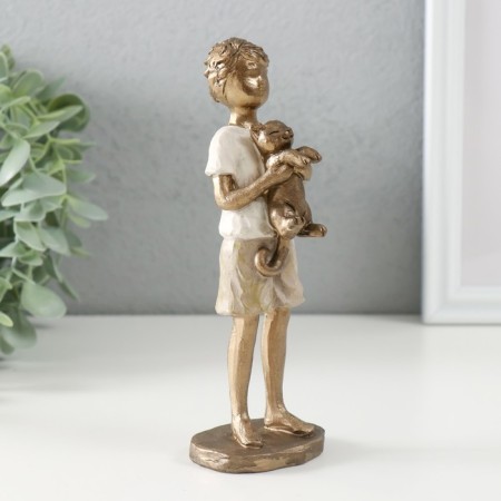 Souvenir Polystone "Boy with a cat" bronze, white and sand 5.5x5x16.5 cm-3