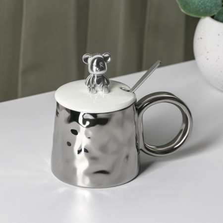 Ceramic mug with a spoon "Stylish Bear", 320 ml, silver color