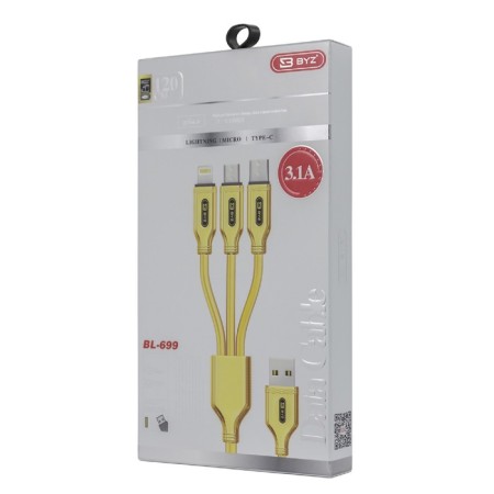 Cable 3 in 1 Byz BL-699, USB-Microusb/Lightning/Type-C, 3.1 a, 1.2 m, golden-2