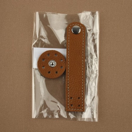 The fastener is sewn for a bag, on a button, made of genuine leather, 13.5 × 2.5 cm, brown/silver color-5
