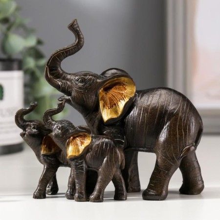 Souvenir Polystone "Elephant African Brown with elephants" Golden ears 11x12x5.5 cm