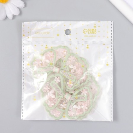 Decor for creativity Textile embroidery "Bow in green-pink flowers" 7x5.5 cm-3