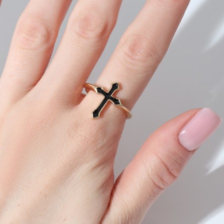 Gothic's ring "Cross", black color in gold, dimensionless-2