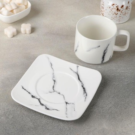 Tea couple ceramic "marble", 2 items: a cup 220 ml, a saucer d = 14 cm, white color-1