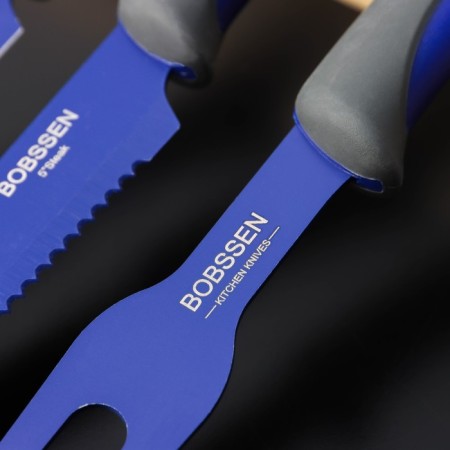 A set of kitchen utensils FADED, 3 objects: 2 knives, fork for meat, blue color-2