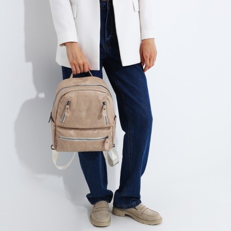 Women's backpack made of artificial leather with lightning, 3 pockets, beige color-6