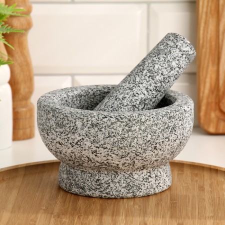 A mortar with a pestle made of stone is large, 450 ml, gray, in a box-5