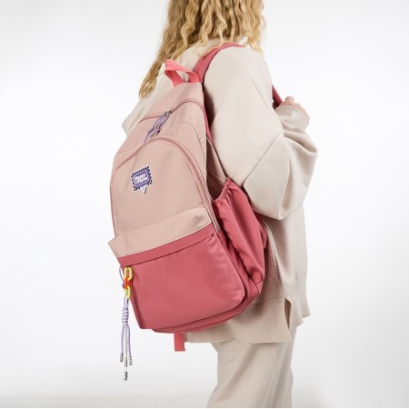 A backpack with a zipper, 4 external pockets, pink color-7