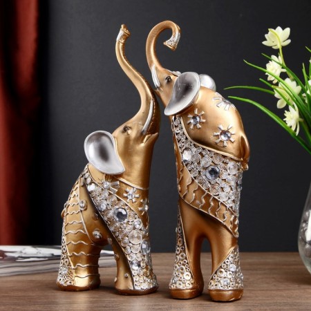 Polystone souvenir "Golden elephants with white rhinestones" set 28.5x21x8.3 cm-3