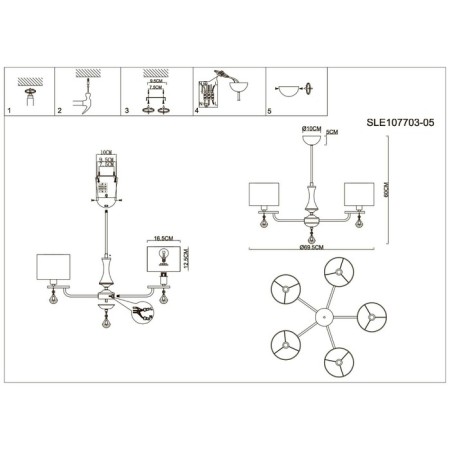 Suspended EVOLUCE lamp. Sle107703-05. Elida. 5x40 W, E14, 69.5x69.5x34 cm, Shampan-12