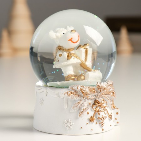 Souvenir Polystone Water Ball "Losik with a gift" White with gold 7x8x9 cm-2