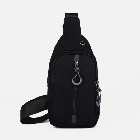 Male sling bag from textiles, headphone opening, black color-2