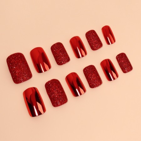 Patch nails, 12 pcs, with adhesive plates, a soft square shape, with sparkles, red-1